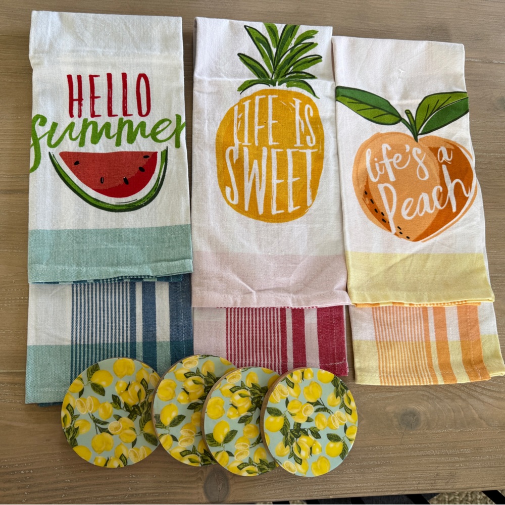 Set of 3 Summer Fruit Kitchen Towels with Lemon Coasters